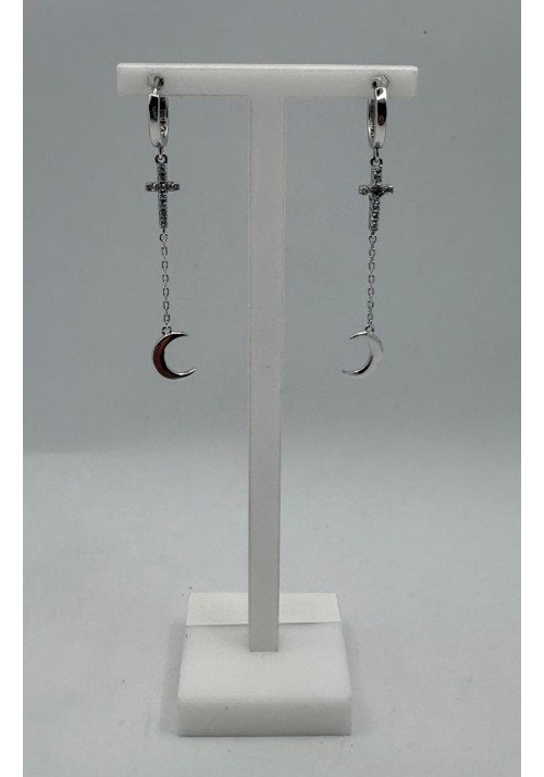 PENDIENTES PLATA LARGOS CADENA CRUZ Y MEDIA LUNA