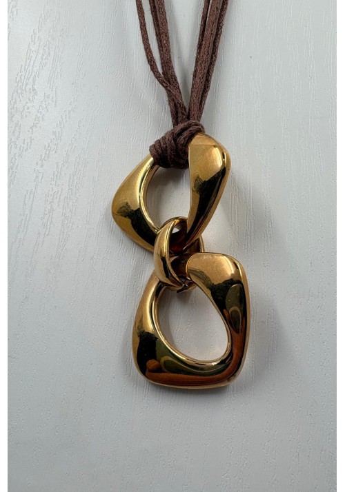 COLAGNTE ACERO DORADO CON CORDON DE SEDA MARRON